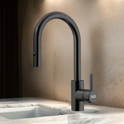 Franke Eos Neo 14" Single-Handle Pull-Down Prep Faucet with Nylon Hose, 360-Degree Rotation, 1.75 GPM, Industrial Black - EOS-PR-IBK