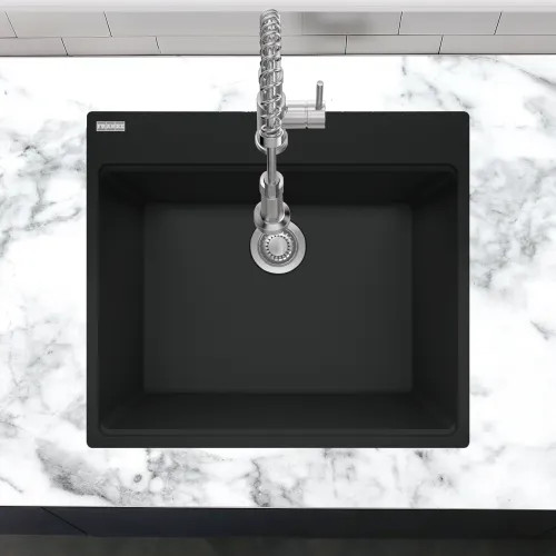 Franke Maris 25" x 22" Dual Mount Single-Bowl Laundry/Utility Sink w/ Basket Strainer, 5 Holes, Granite, Matte Black - MAG61023L-MBK-S (114.0637.918)