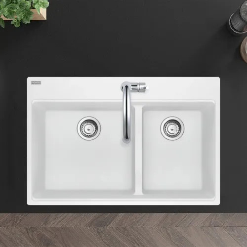Franke Maris 33" x 22" Drop-in Double Bowl Kitchen Sink w/ Basket Stainer, Low-Divide, 60/40 Split, 5 Holes, Granite, Polar White - MAG6601812LD-PWT-S (114.0687.153)