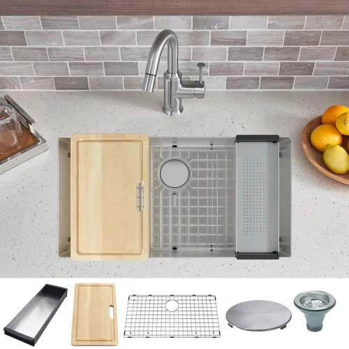 Franke Professional 2.0 Workcenter 35-1/2" x 19.-1/2" Undermount Single-Bowl Kitchen Sink Kit, Stainless Steel, Pearl - PS2X110-33-WKC (122.0672.204)