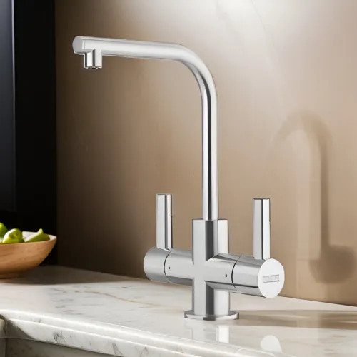 Franke Atlas Neo Two Handle Hot and Cold Water Beverage Faucet, 360-Degree Swivel Spout, 1.75 GPM, Stainless Steel - ATL-HC-304