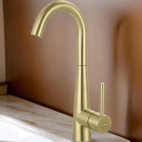 Franke Steel Single-Handle High Arc Bar Faucet, 360-Degree Swivel Spout, 1.75 GPM, Gold - STL-BR-GLD