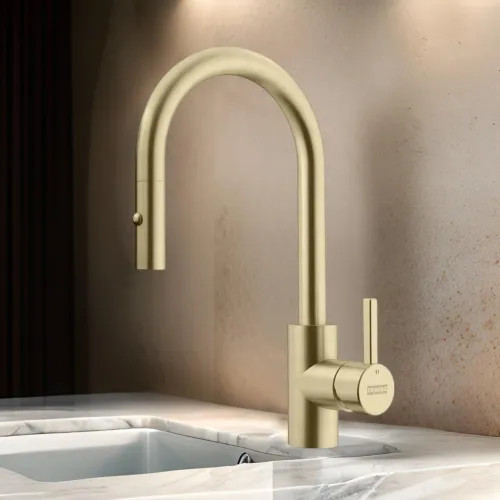 Franke Eos Neo 14" Single-Handle Pull-Down Prep Faucet with Nylon Hose, 360-Degree Rotation, 1.75 GPM, Gold - EOS-PR-GLD