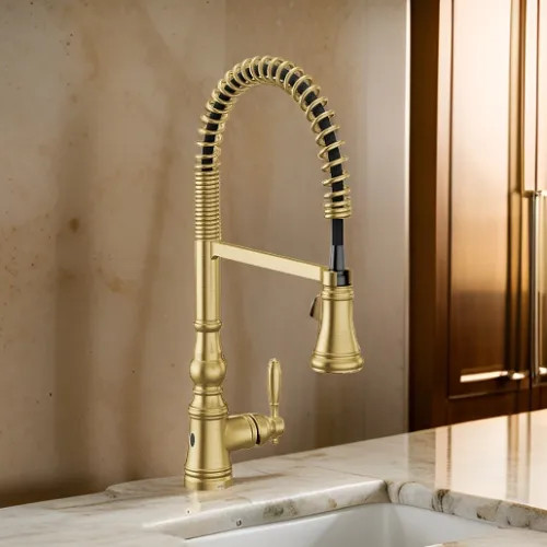 Moen Weymouth Single Handle Semi Pro Spring Pulldown Kitchen Faucet, MotionSense Wave, Brushed Gold - S73104EWBG