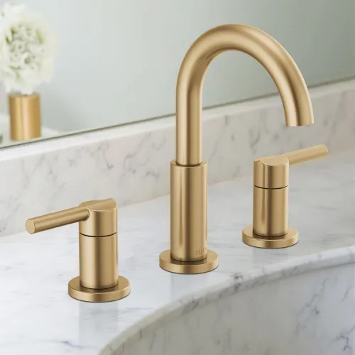 Delta Nicoli Widespread Bathroom Faucet, Two-Handle, Deck Mount, ADA-Compliant, 1.2 GPM, Champagne Bronze - 35749LF-CZ