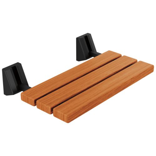 Delta Steam System 20in Tilt-Up Shower Seat with Matte Black Brass Tubular Support Arms, Teak Wood, Foldable, 250lbs - 5SE-SBS-6-BL
