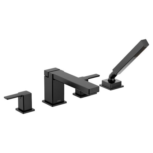 Moen 90 Degree Two-Handle Roman Tub Faucet with 1.75 GPM Single-Function Hand Shower, Lever Handles, Temperature Indicators, Matte Black - TS914BL