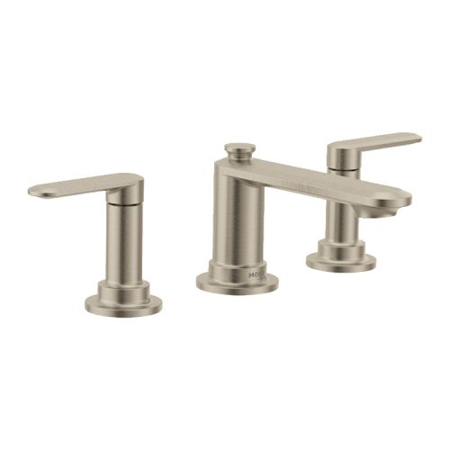 Moen Greenfield Two-Handle Low-Arc Widespread Brushed Nickel Lavatory Sink Faucet Kit With Rough-In Valve, 1.2 GPM, 60 PSI, Lever Handles, WaterSense, Three-Holes - TV6507BN