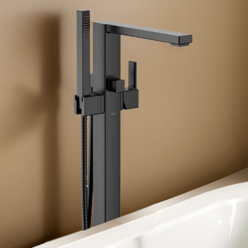Moen 90 Degree 6 GPM Freestanding Tub Filler with 1.75 GPM Single-Function Hand Shower, Single Lever Handle, Matte Black - S905BL