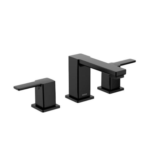 Moen 90 Degree Two-Handle Low Arc Matte Black Bathroom Sink Faucet with Red/Blue Indicator, M-PACT, Duralock, 1.2 GPM, Lever Handle, Three-Hole - TS6721BL