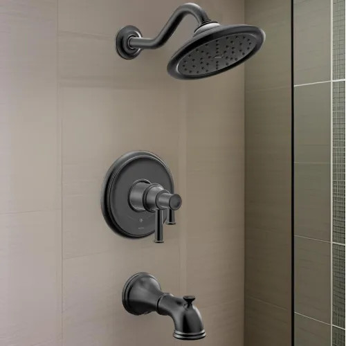 Moen Belfield Tub/Shower Faucet with Two-Handle Flow Control and Temperature Adjust Valve Trim, Lever Handles, M-Core 4, Thermostatic Cartridge, Matte Black - UT4313EPBL