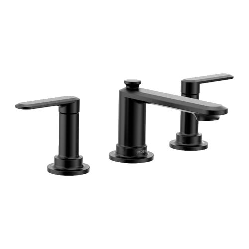 Moen Greenfield Two-Handle Low-Arc Widespread Matte Black Lavatory Sink Faucet Kit With Rough-In Valve, 1.2 GPM, 60 PSI, WaterSense, Lever Handles, Three-Holes - TV6507BL