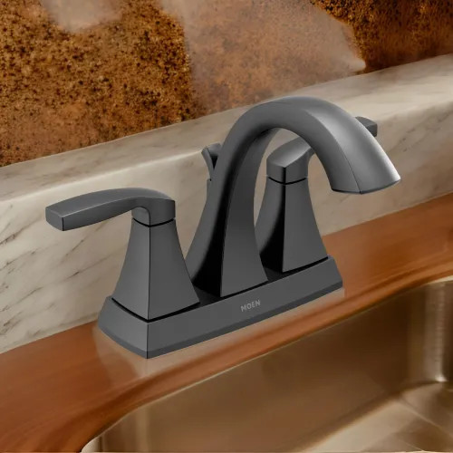 Moen Voss Two-Handle High Arc Centerset Matte Black Bathroom Sink Faucet with Metal Pop-Up Drain and Lift Rod Assembly, 1.2 GPM, Lever Handles - 6901BL