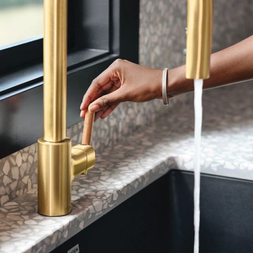 Moen Tenon Brushed Gold Single Handle Pull-Down Kitchen Faucet with Four Functions, DuraLock, Swivel Spout, ADA, 1.5 GPM - S74001BG
