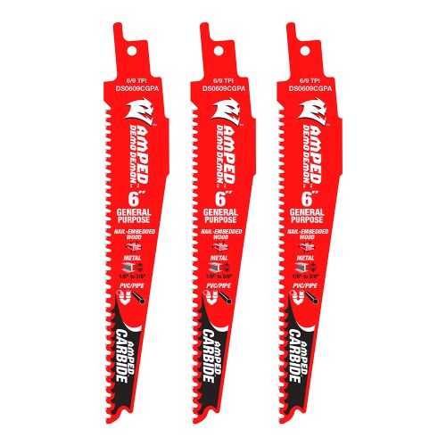 Diablo Demo Demon AMPED 3-Pack 6in Carbide General Purpose Reciprocating Saw Blade with 6/9 TPI Variable Teeth - DS0609CGPA3 