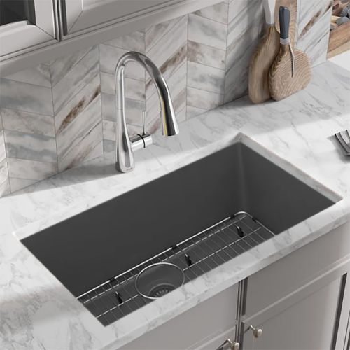 Elkay Quartz Classic Graphite 33in x 19in Undermount Single Bowl Kitchen Sink Kit with Rear Center Drain, Bottom Grid, Strainer, and Cleaning Kit - ELGRU13322GT0C