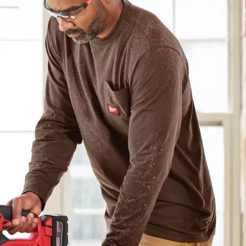 Milwaukee 2XL Men's Brown GRIDIRON Cotton/Polyester Long-Sleeve Pocket T-Shirt - 606BR-2X 