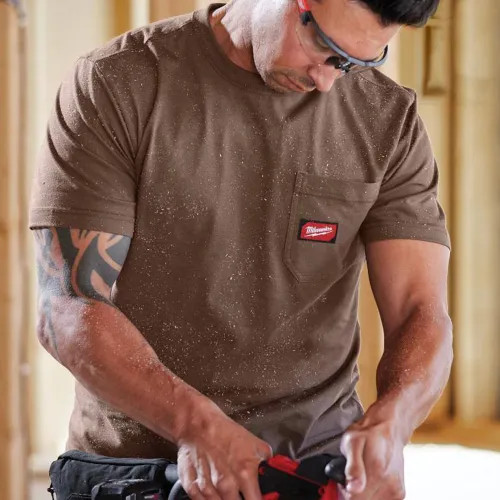Milwaukee 2XL Men's Brown GRIDIRON Cotton/Polyester Short-Sleeve Pocket T-Shirt - 605BR-2X