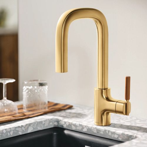 Moen Tenon Brushed Gold Single-Handle Pulldown Prep/Bar Faucet with PowerBoost Technology, Reflex Pulldown System, DuraLock Quick Connect, 1.5 GPM - S64001BG