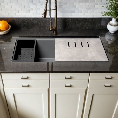 ALFI Titanium Granite Composite Workstation, 33in Undermount With Rear Center Drain, Step Rim Single Bowl Sink With Cutting Board, Colander, and Roll Mat - AB3418SBUM-T