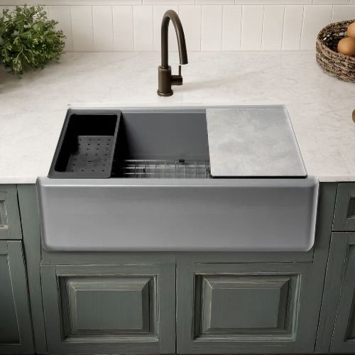 ALFI Titanium Granite Composite Workstation, 33in x 20-1/2in Drop-In with Center Drain Single Bowl Sink With Cutting Board, Colander, and Sink Grid - AB33FARM-T 