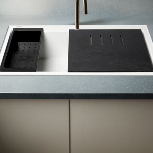 ALFI White Granite Composite Workstation, 33in Drop In With Center Drain, Step Rim Single Bowl Drop In Sink With Cutting Board, Colander, and Roll Mat - AB3418SBDI-W