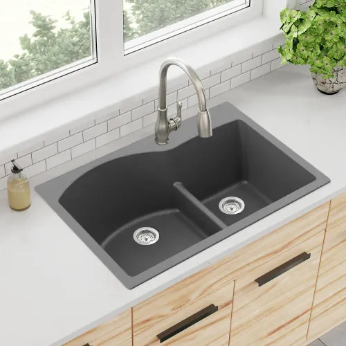 Elkay Quartz Classic 33" x 22" x 10" Drop-In Double Bowl Sink with Aqua Divide, Rear Center Drain 60/40, Graphite - ELGH3322RGT0