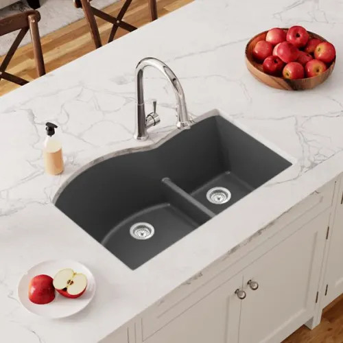 Elkay Quartz Classic 33" x 22" x10" Undermount Double Bowl Sink with Aqua Divide, Rear Center Drain, Graphite - ELGHU3322RGT0