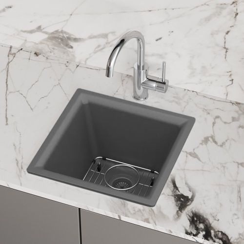 Elkay Quartz Classic Dual Mount Single Bowl Bar Sink Kit with Bottom Grid, Drain, and Cleaning Kit, Graphite - ELG1616GT0C