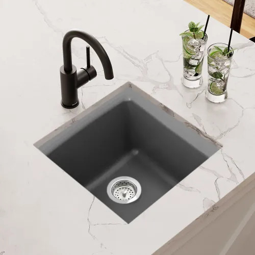 Elkay Quartz Classic Graphite 15-3/4in x 15-3/4in x 7-11/16in Dual Mount Single Bowl Sink with Rear Center Drain - ELG1616GT0