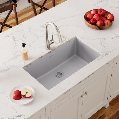 Elkay Quartz Classic Greystone 30in x 19in x 10in Undermount with Rear Center Drain, Undermount Sink - ELGRU13022GS0