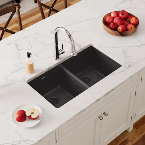 Elkay Quartz Classic Matte Black 33in Length x 18-1/2in Width Equal Double Bowl Undermount Sink - ELGU3322MB0 