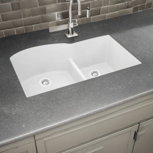 Elkay Quartz Luxe Arctic Fox 60/40 Double Bowl Sink, 33in x 22in Undermount Kitchen Sink with Aqua Divide and Rear Center Drain - ELXHU3322RFX0