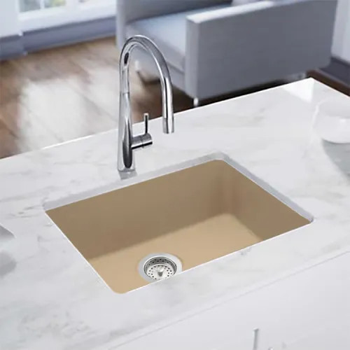 Elkay Quartz Luxe Sandstone 25in x 19in x 10in Single Bowl Undermount Kitchen Sink, Rear Center Drain - ELXU2522SN0  