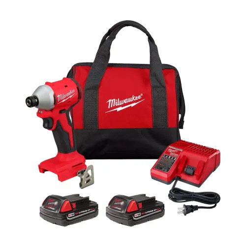 Milwaukee M18 Compact Brushless 1/4" Hex Impact Driver Kit with (2) CP2.0 Battery, Multi-Voltage Charger, and Contractor Bag - 3650-22CT