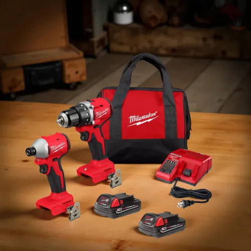 Milwaukee M18 Compact Brushless Hammer Drill and Impact Drill Kit with (2) REDLITHIUM CP2.0 Batteries, (1) Multi-Volt Charger, and (1) Contractor Bag - 3610-22CT