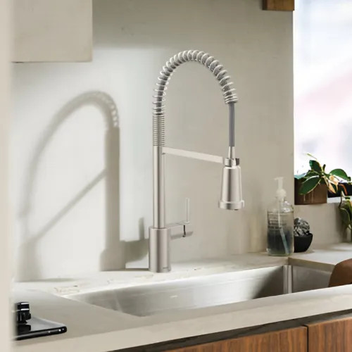 Moen Align Spot Resist Stainless Single-Handle High-Arc Semi-Pro Pulldown Kitchen Faucet with 3-Water Filter Function Spray Wand, WaterSense, PowerClean, ADA-Compliant, 1.5 GPM - F5923SRS