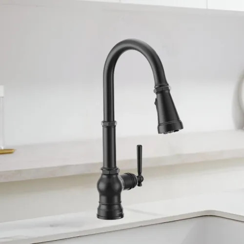 Moen Paterson Matte Black Single-Handle High-Arc Pulldown Kitchen Faucet with 4-Water Filter Function Spray Wand, WaterSense, PowerClean, ADA-Compliant, 1.5 GPM - FS72003BL