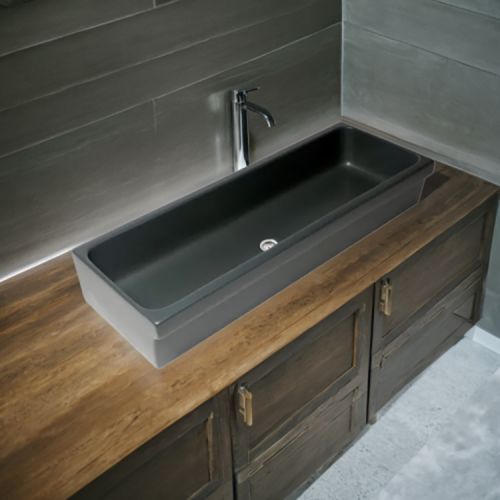 ALFI Black Matte Fireclay Above-Mount or Semi-Recessed 48in Single-Bowl Bathroom Sink With Trough Design - AB48TRBM