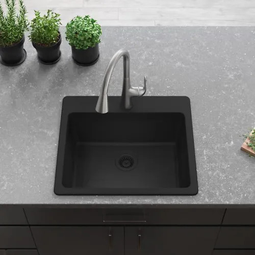 Elkay Quartz Classic 25" x 22" x 9-1/2" Single Bowl Drop-in Kitchen Sink with Rear Center Drain, Matte Black - ELG2522MB0