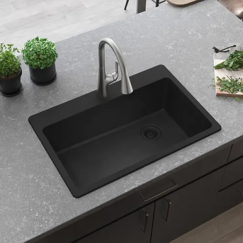 Elkay Quartz Classic 33" x 22" Single Bowl, Drop In Sink with Rear Right Drain and Mounting Hardware, Matte Black - ELG13322MB0