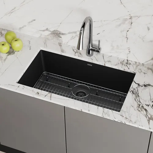 Elkay Quartz Classic Black 30in x 19in x 10in Undermount with Rear Center Drain, Undermount Sink with Bottom Grids, Drains, and Cleaning Kit - ELGRU13022BK0C