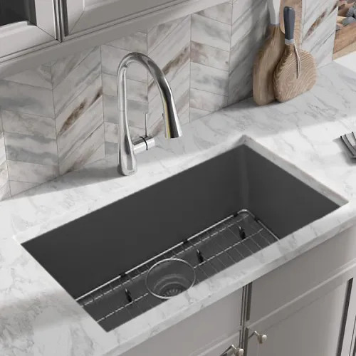 Elkay Quartz Classic Graphite 30in x 19in x 10in Undermount with Rear Center Drain, Undermount Sink with Bottom Grids, Drains, and Cleaning Kit - ELGRU13022GT0C