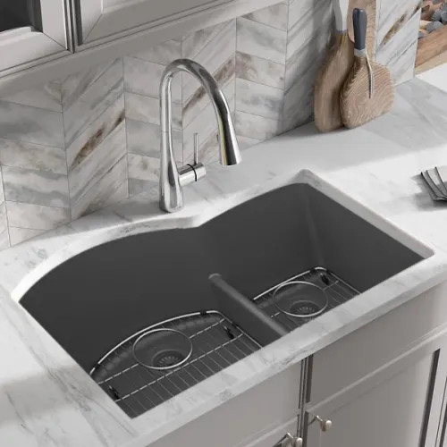 Elkay Quartz Classic Graphite 33in x 22in x10in Undermount with Rear Center Drain, Double Bowl Aqua Divide Sink with Bottom Grids, Drains, and Cleaning Kit - ELGHU3322RGT0C