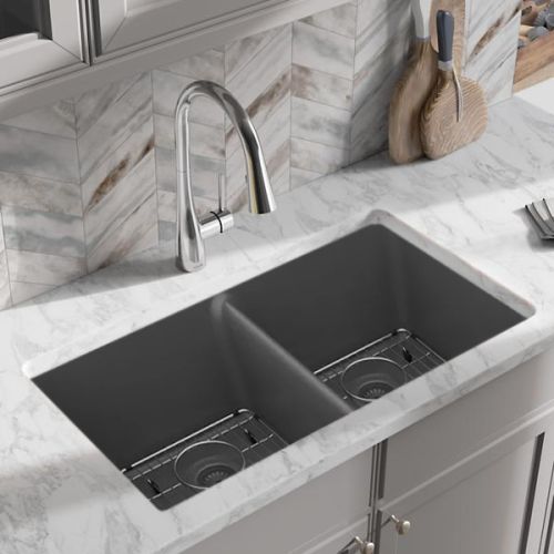 Elkay Quartz Classic Graphite Equal Double-Bowl Undermount Sink Kit, 33" x 18-1/2" x 9-1/2" - ELGU3322GT0C