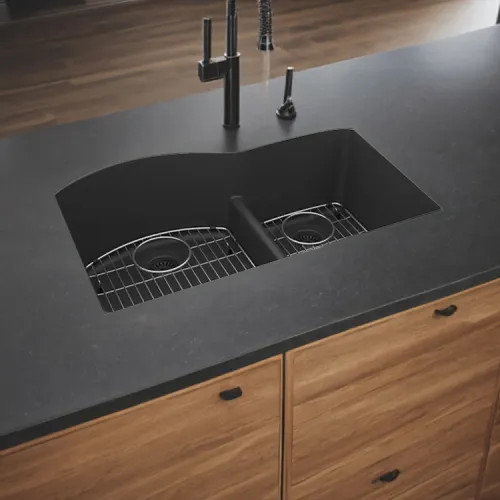 Elkay Quartz Classic Matte Black 33in x 22in x10in Undermount with Rear Center Drain, Double Bowl Aqua Divide Sink with Bottom Grids, Drains, and Cleaning Kit - ELGHU3322RMB0C