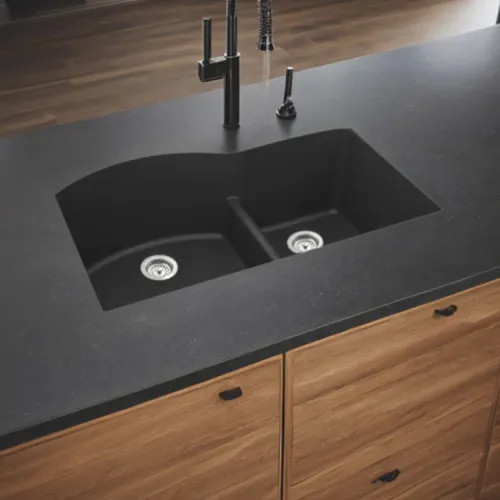 Elkay Quartz Classic Matte Black 33in x 22in x10in Undermount with Rear Center Drain, Double Bowl Sink with Aqua Divide - ELGHU3322RMB0