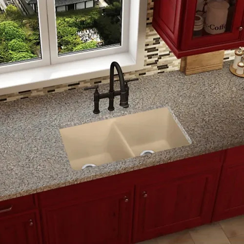 Elkay Quartz Luxe Undermount Kitchen Sink, Double Bowl, 33" x 19" x 10", Center Back Drain Location, Sandstone  - ELXU3322SN0