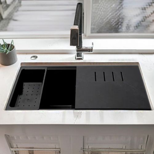 ALFI Black Granite Composite Workstation, 33in Undermount With Step Offset Drain, Rim Double Bowl Sink With Cutting Board, Colander, and Sink Grid - AB3418DBUM-BLA
