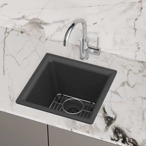 Elkay Quartz Classic Dual Mount Single Bowl Bar Sink Kit with Bottom Grid, Drain, and Cleaning Kit, Matte Black - ELG1616MB0C